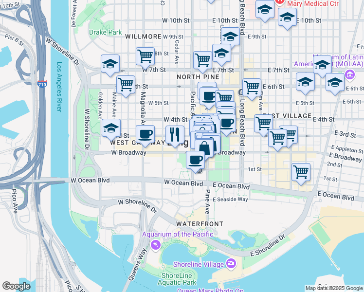 map of restaurants, bars, coffee shops, grocery stores, and more near 245 West Broadway in Long Beach