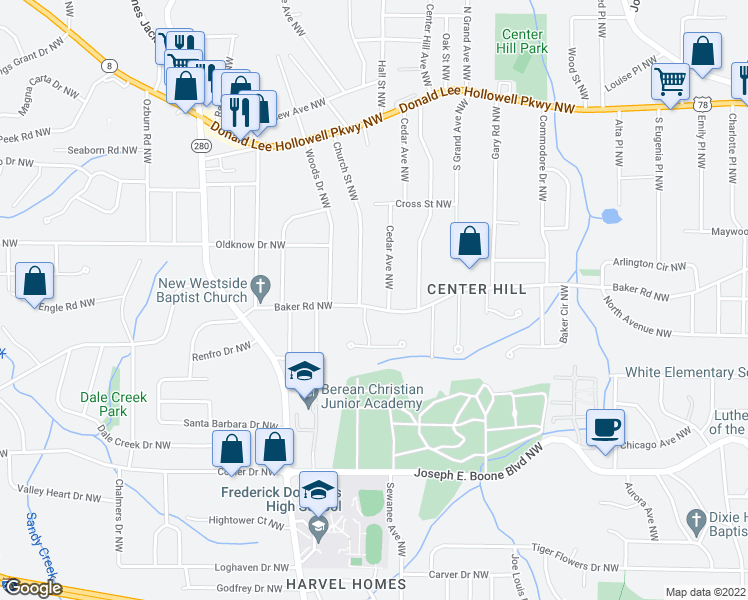 map of restaurants, bars, coffee shops, grocery stores, and more near 2413 Baker Road Northwest in Atlanta
