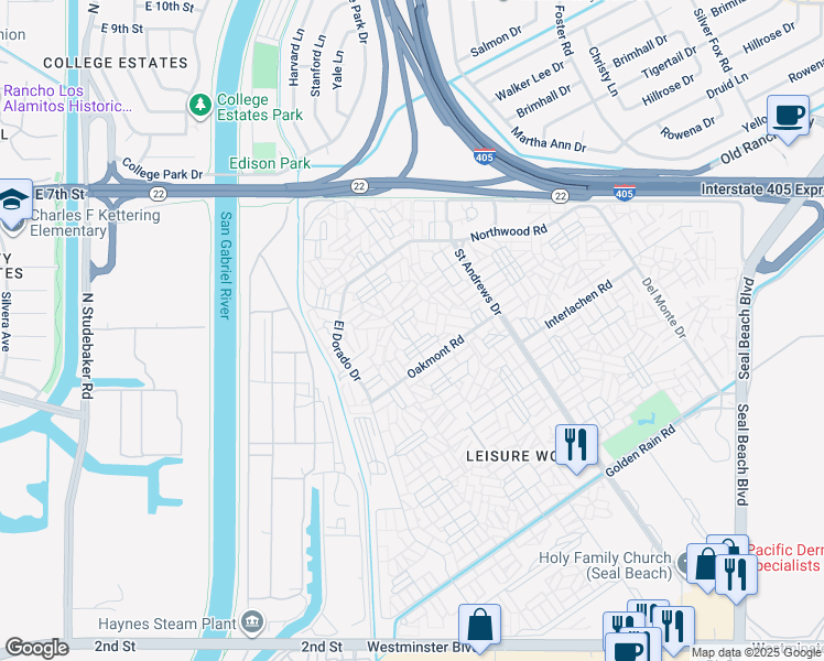 map of restaurants, bars, coffee shops, grocery stores, and more near 13260 Fairfield Lane in Seal Beach