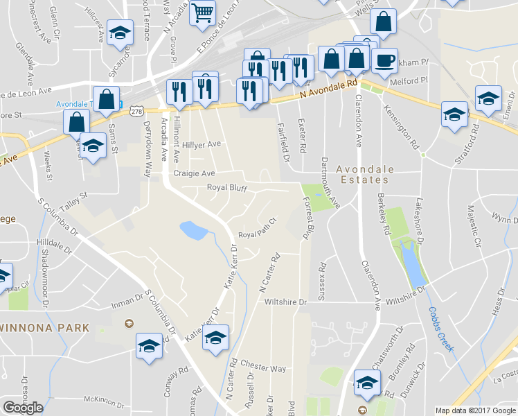 map of restaurants, bars, coffee shops, grocery stores, and more near 875 Regal Path Lane in Decatur
