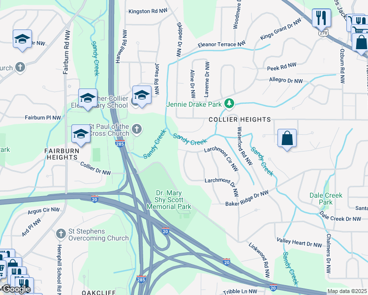 map of restaurants, bars, coffee shops, grocery stores, and more near 633 Larchmont Circle Northwest in Atlanta