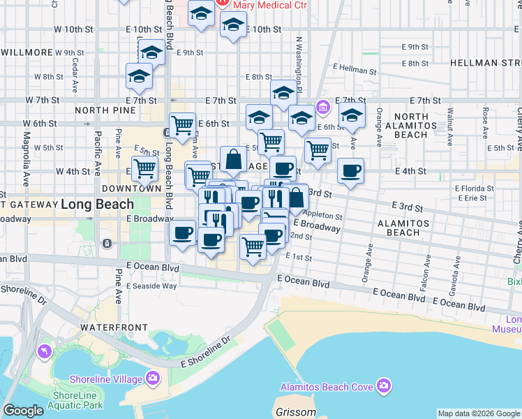 map of restaurants, bars, coffee shops, grocery stores, and more near 220 Lime Avenue in Long Beach