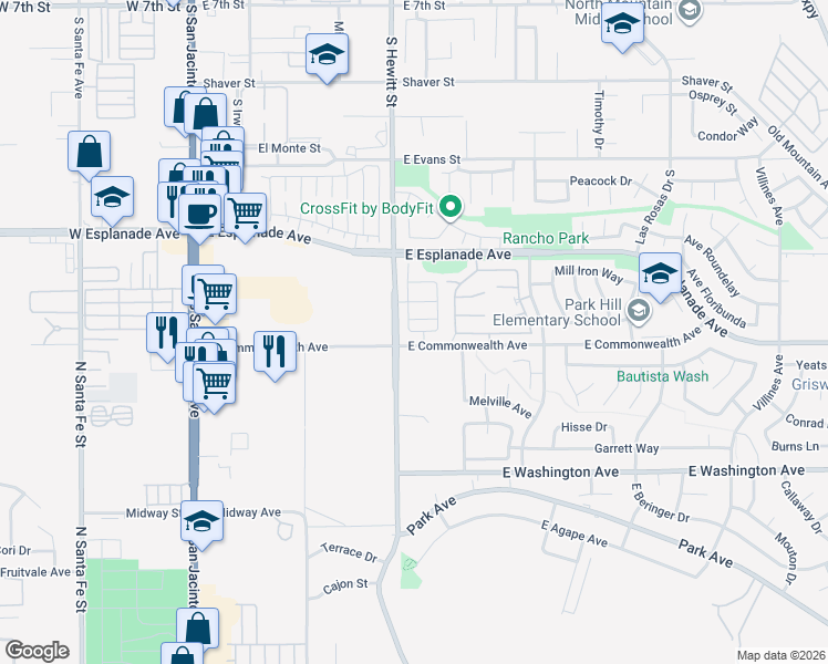 map of restaurants, bars, coffee shops, grocery stores, and more near 689 Daffodil Lane in San Jacinto