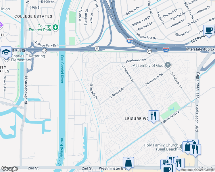 map of restaurants, bars, coffee shops, grocery stores, and more near 13341 Fairfield Lane in Seal Beach