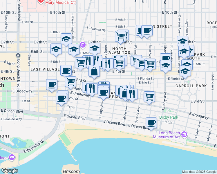 map of restaurants, bars, coffee shops, grocery stores, and more near 1216 East 3rd Street in Long Beach