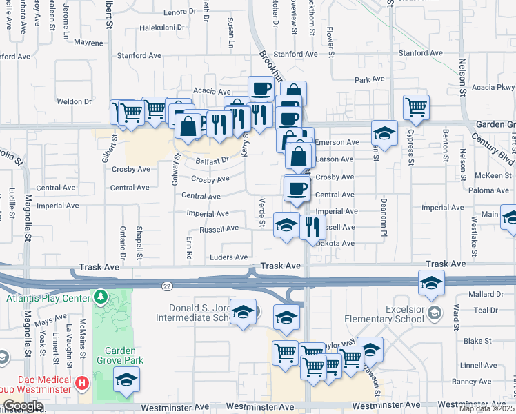map of restaurants, bars, coffee shops, grocery stores, and more near 13271 Verde Street in Garden Grove