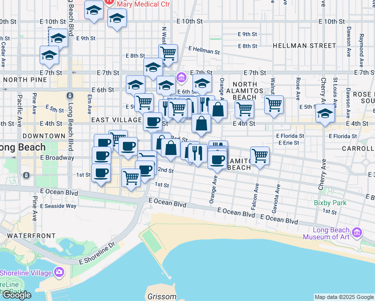 map of restaurants, bars, coffee shops, grocery stores, and more near 1035 East Appleton Street in Long Beach