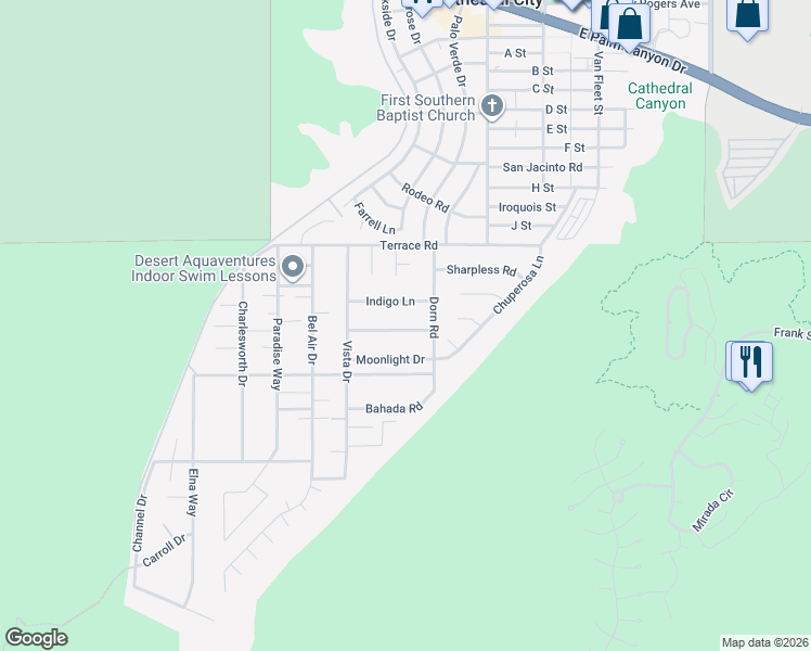 map of restaurants, bars, coffee shops, grocery stores, and more near Treasure Trail in Cathedral City