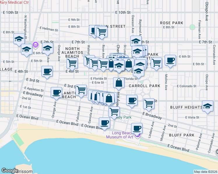 map of restaurants, bars, coffee shops, grocery stores, and more near 314 Hermosa Avenue in Long Beach