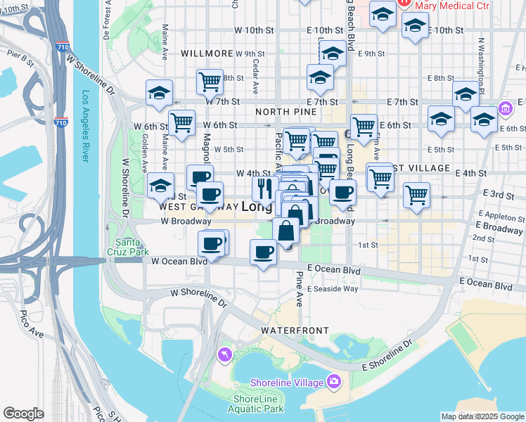 map of restaurants, bars, coffee shops, grocery stores, and more near 245 West Broadway in Long Beach