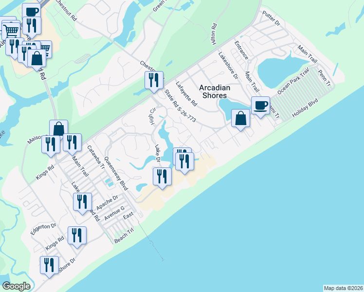 map of restaurants, bars, coffee shops, grocery stores, and more near 800 Canterbury Court in Myrtle Beach