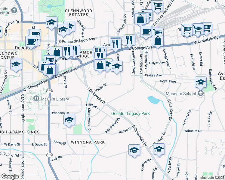 map of restaurants, bars, coffee shops, grocery stores, and more near 2617 Talley Street in Decatur
