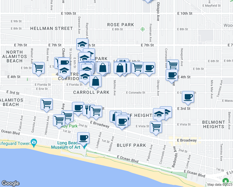 map of restaurants, bars, coffee shops, grocery stores, and more near 346 Molino Avenue in Long Beach