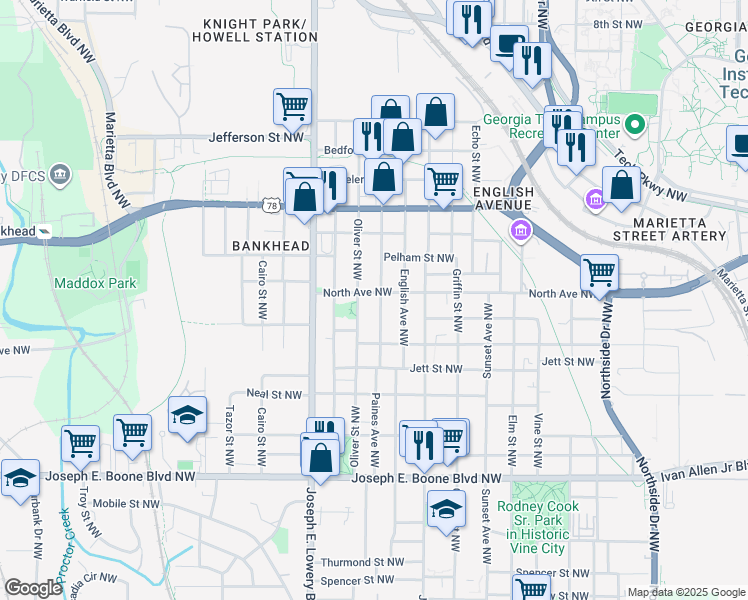 map of restaurants, bars, coffee shops, grocery stores, and more near 551 Oliver Street Northwest in Atlanta