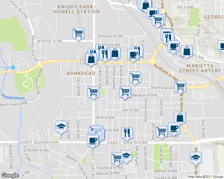 map of restaurants, bars, coffee shops, grocery stores, and more near 550 Paines Avenue Northwest in Atlanta