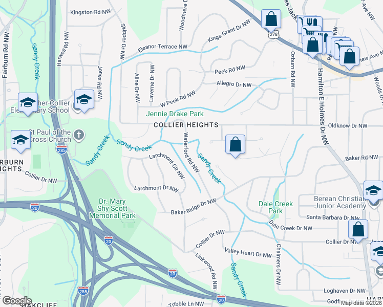 map of restaurants, bars, coffee shops, grocery stores, and more near 529 Waterford Road Northwest in Atlanta