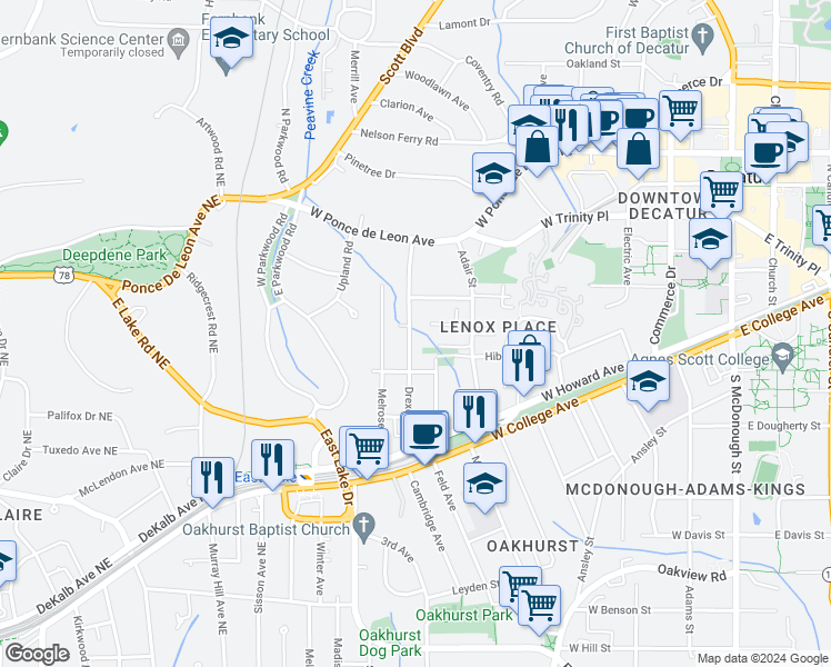 map of restaurants, bars, coffee shops, grocery stores, and more near 333 Drexel Avenue in Decatur