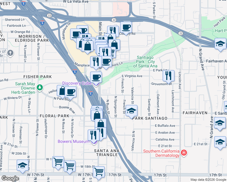 map of restaurants, bars, coffee shops, grocery stores, and more near 2502 North Spurgeon Street in Santa Ana