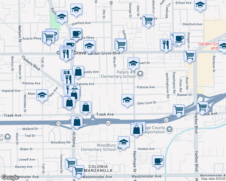 map of restaurants, bars, coffee shops, grocery stores, and more near 13322 Nina Place in Garden Grove