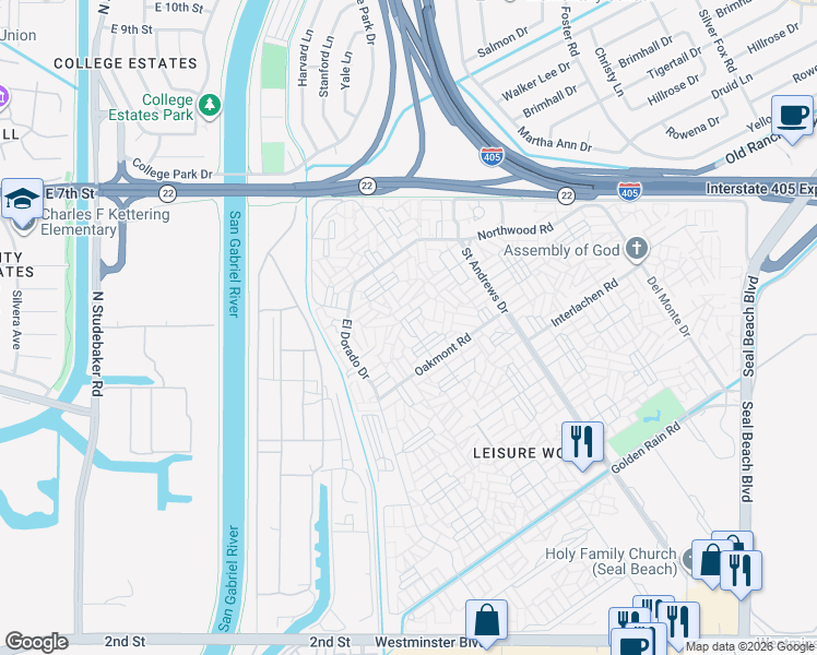 map of restaurants, bars, coffee shops, grocery stores, and more near 13341 Fairfield Lane in Seal Beach
