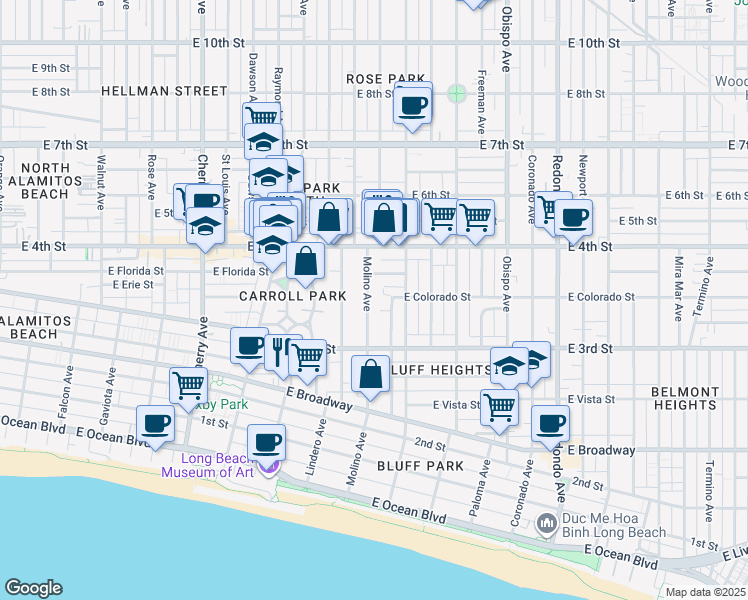 map of restaurants, bars, coffee shops, grocery stores, and more near 337 Molino Avenue in Long Beach