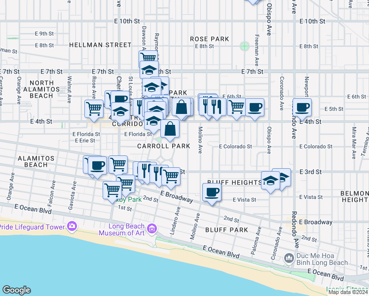 map of restaurants, bars, coffee shops, grocery stores, and more near 340 Carroll Park East in Long Beach