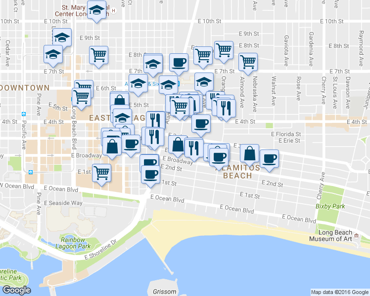 map of restaurants, bars, coffee shops, grocery stores, and more near 1061 East Appleton Street in Long Beach