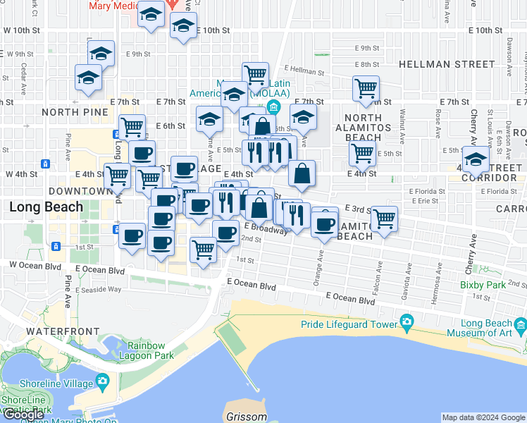 map of restaurants, bars, coffee shops, grocery stores, and more near 241 Bonito Avenue in Long Beach