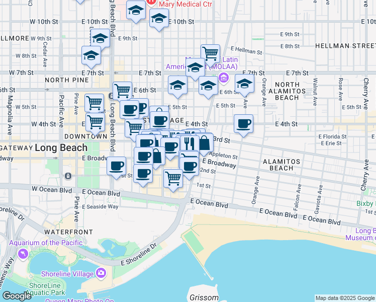 map of restaurants, bars, coffee shops, grocery stores, and more near 705 East Broadway in Long Beach