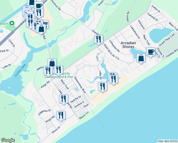map of restaurants, bars, coffee shops, grocery stores, and more near 200 West Hyde Park in Myrtle Beach