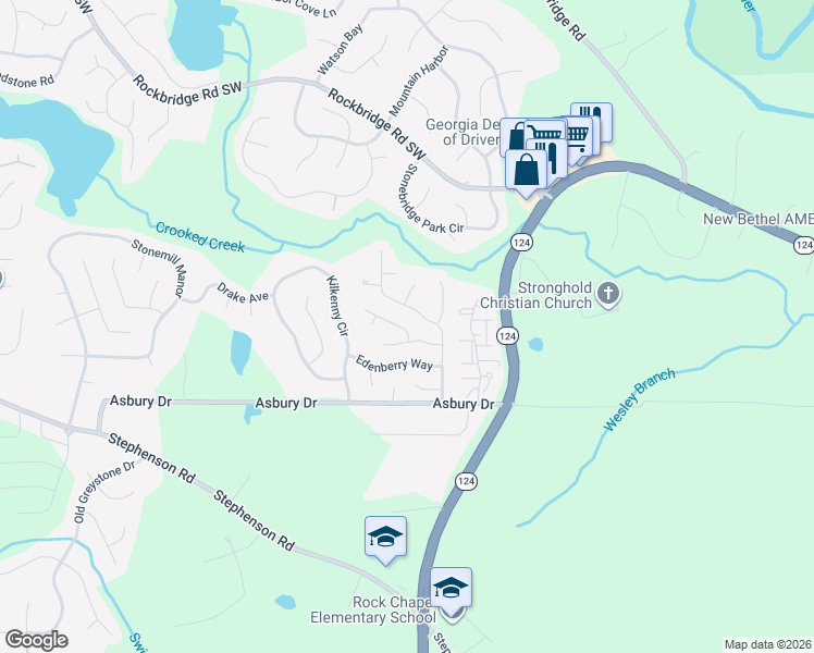 map of restaurants, bars, coffee shops, grocery stores, and more near 890 Asbury Trail in Lithonia