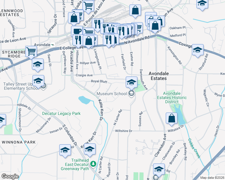 map of restaurants, bars, coffee shops, grocery stores, and more near 875 Regal Path Lane in Decatur