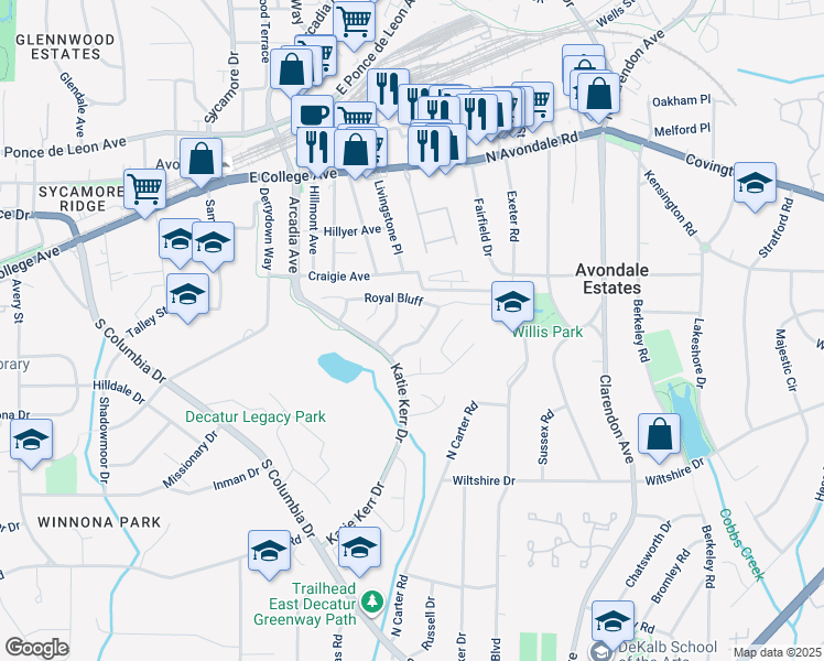 map of restaurants, bars, coffee shops, grocery stores, and more near 877 Ashwood Walk in Decatur