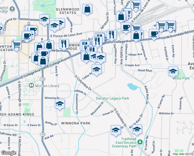 map of restaurants, bars, coffee shops, grocery stores, and more near 2617 Talley Street in Decatur