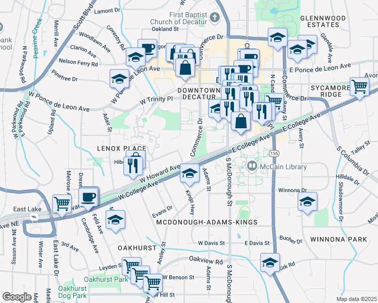 map of restaurants, bars, coffee shops, grocery stores, and more near 113 Pattillo Way in Decatur