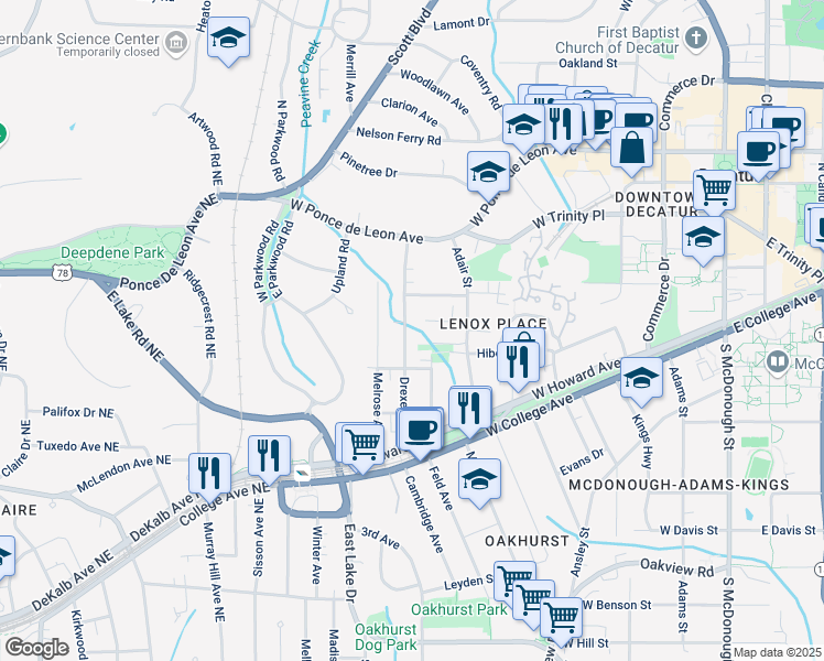 map of restaurants, bars, coffee shops, grocery stores, and more near 333 Drexel Avenue in Decatur