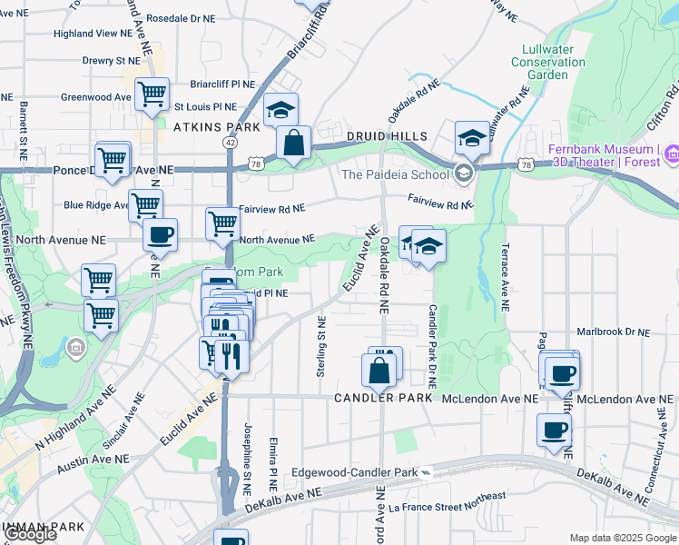 map of restaurants, bars, coffee shops, grocery stores, and more near 1343 Euclid Avenue Northeast in Atlanta