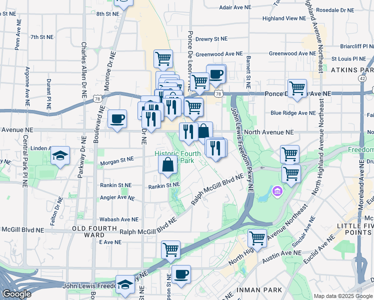 map of restaurants, bars, coffee shops, grocery stores, and more near 680 Dallas Street Northeast in Atlanta