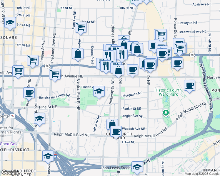 map of restaurants, bars, coffee shops, grocery stores, and more near 552 Parkway Drive Northeast in Atlanta