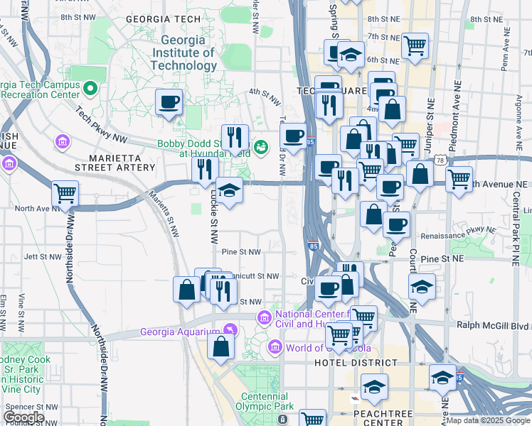 map of restaurants, bars, coffee shops, grocery stores, and more near 543 Centennial Lane in Atlanta
