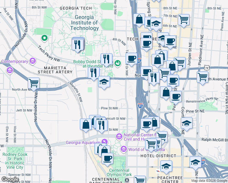 map of restaurants, bars, coffee shops, grocery stores, and more near 207 Merritts Avenue Northwest in Atlanta