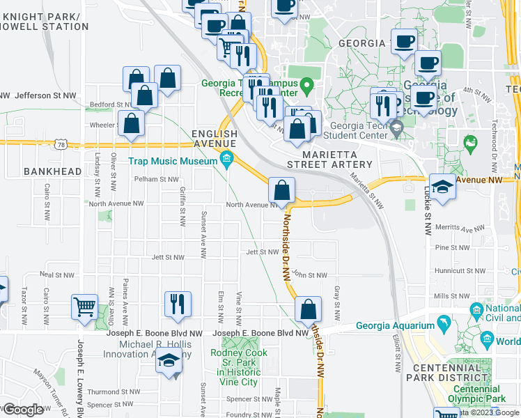 map of restaurants, bars, coffee shops, grocery stores, and more near 590 North Avenue Northwest in Atlanta