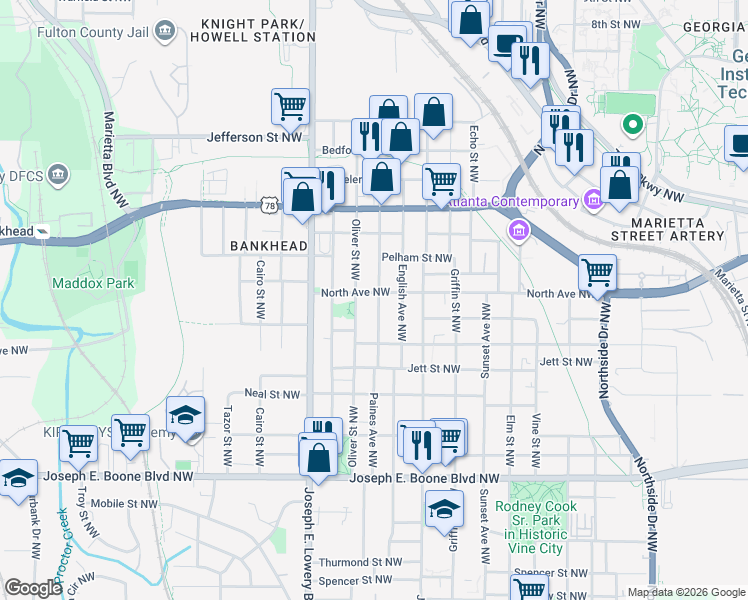 map of restaurants, bars, coffee shops, grocery stores, and more near 550 Paines Avenue Northwest in Atlanta