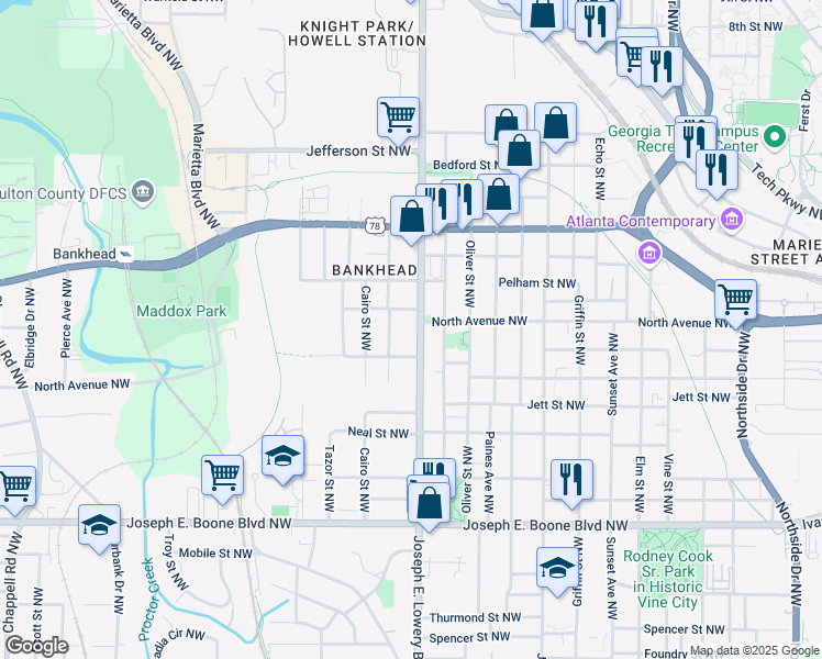 map of restaurants, bars, coffee shops, grocery stores, and more near 550 Joseph E. Lowery Boulevard Northwest in Atlanta