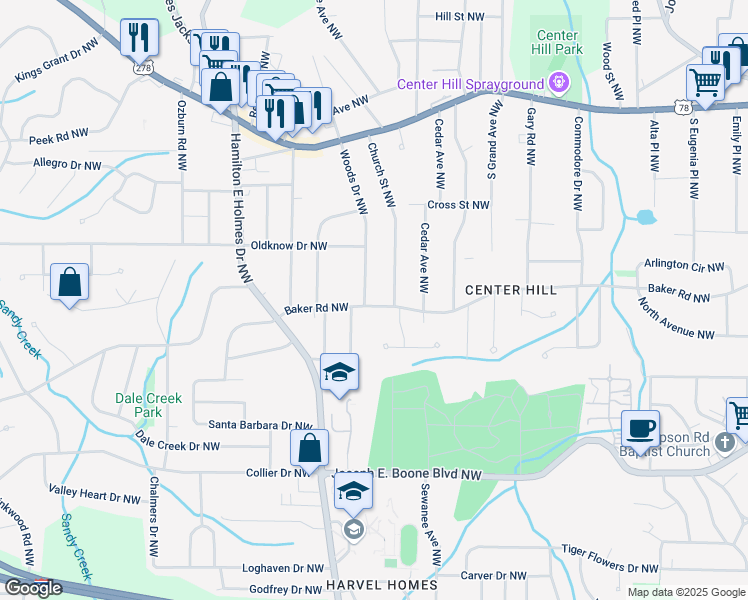 map of restaurants, bars, coffee shops, grocery stores, and more near 2473 Baker Road Northwest in Atlanta