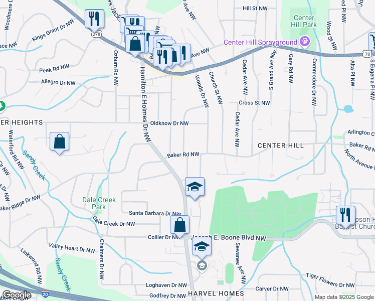 map of restaurants, bars, coffee shops, grocery stores, and more near 2537 Baker Road Northwest in Atlanta