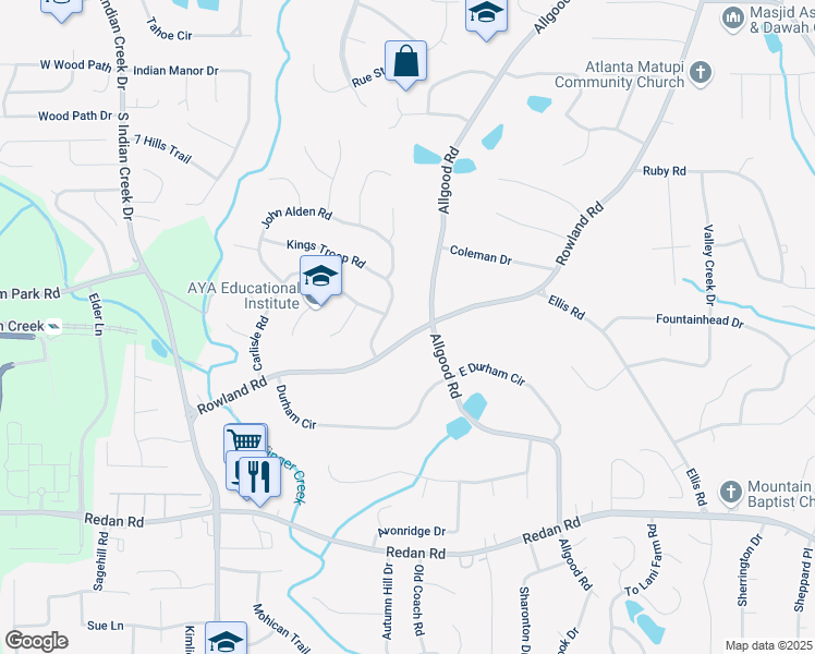 map of restaurants, bars, coffee shops, grocery stores, and more near 1051 Rowland Road in Stone Mountain