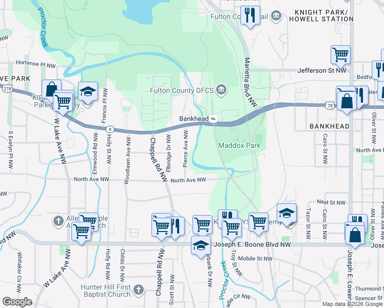 map of restaurants, bars, coffee shops, grocery stores, and more near 1314 Donald Lee Hollowell Parkway Northwest in Atlanta