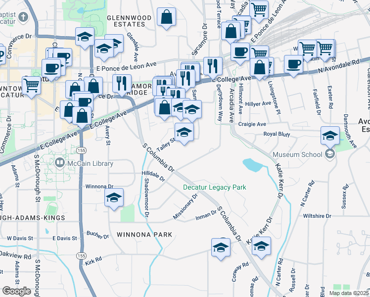 map of restaurants, bars, coffee shops, grocery stores, and more near 2617 Talley Street in Decatur