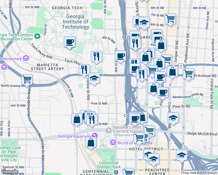 map of restaurants, bars, coffee shops, grocery stores, and more near 543 Centennial Lane in Atlanta